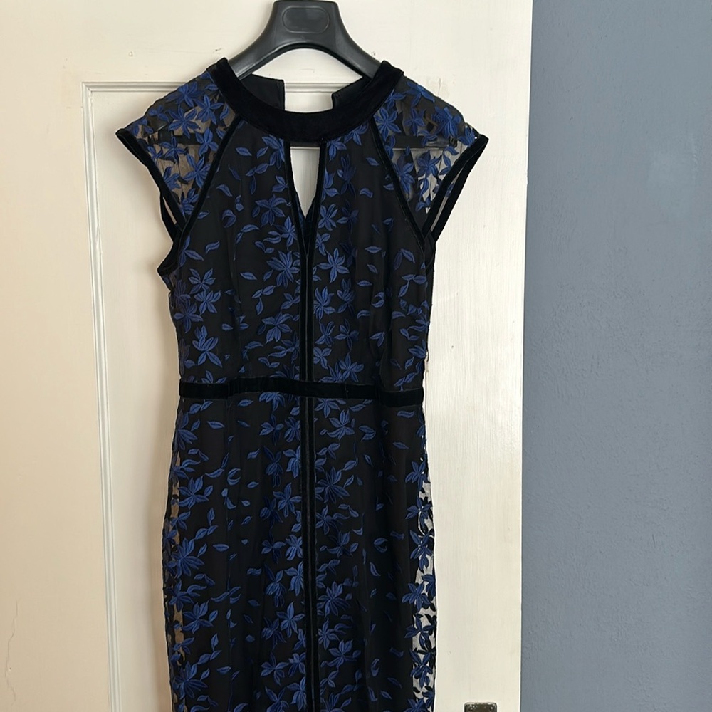 Phase Eight evening dress blue and black lace column gown